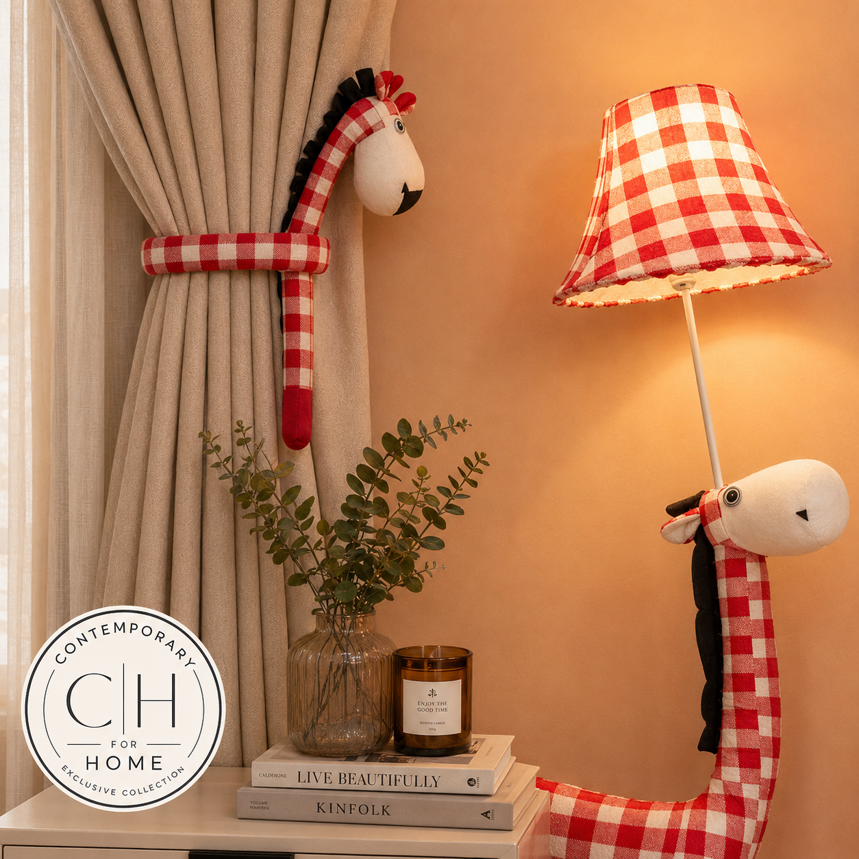 Red & White Horse Curtain Tie Back