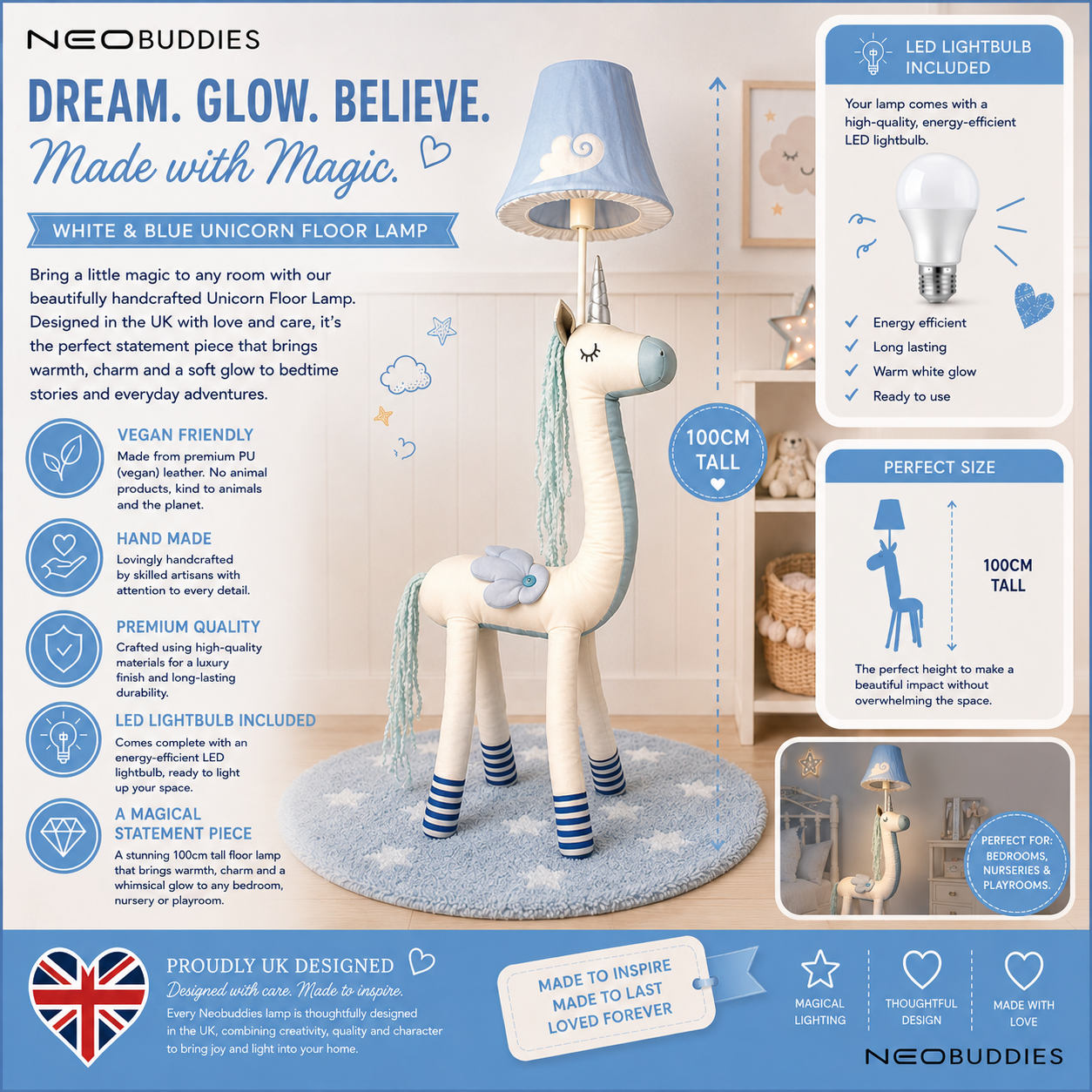 White & Blue Unicorn Floor Lamp - NeoBuddies
